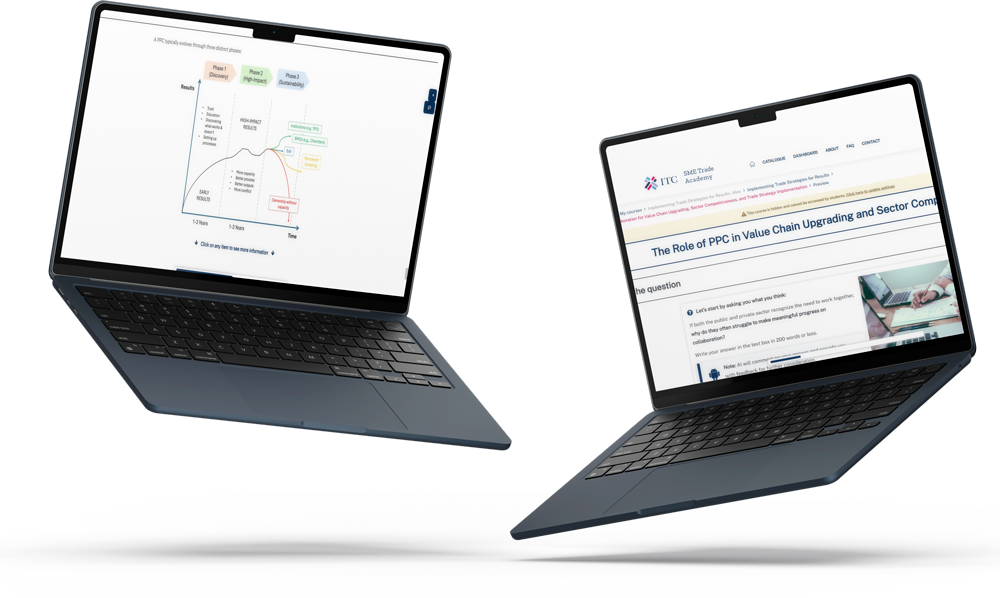 Two laptop computers displaying online learning and digital training content.