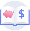 Icon of an open book with a piggy bank and dollar sign