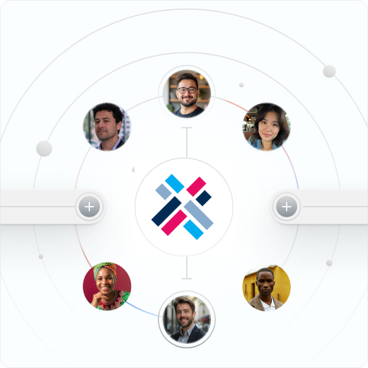 International Trade Centre logo at the center of a circle of diverse professional portraits.